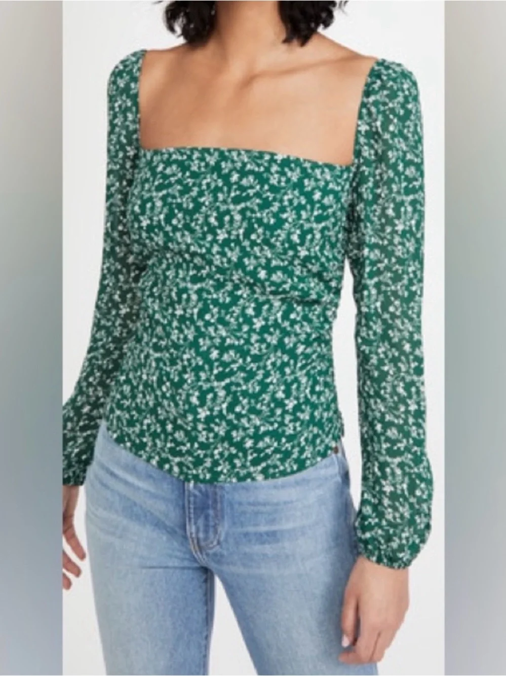 Reformation Emerald Green Floral Square-Neck Long Sleeve Blouse